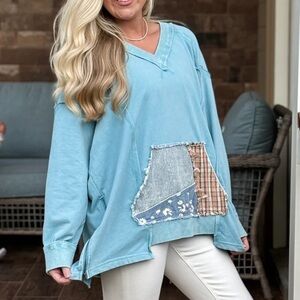 NWT🩵Blue Velvet patchwork side zipper pullover Small Blue